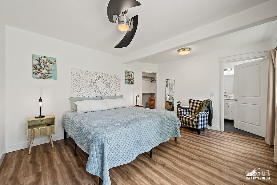King Bed | Smart TV | Nightstands with lamps | Full Body Mirror | Ceiling Fan | Linens Provided | Walk-In Closet | Master Bathroom with Shower