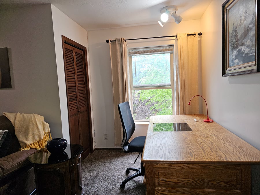 Comfortable Hand Made Desk with ample lighting, a closet and beautiful views.