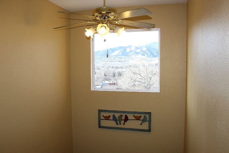 Window mountain view from stairs.