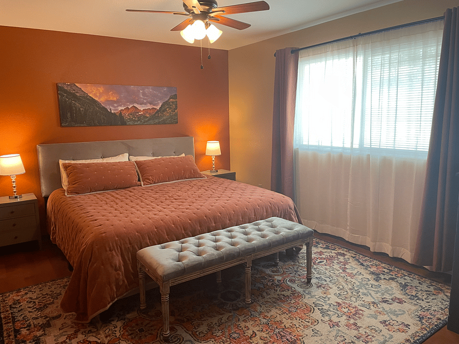 Master bedroom with King bed facing backyard.