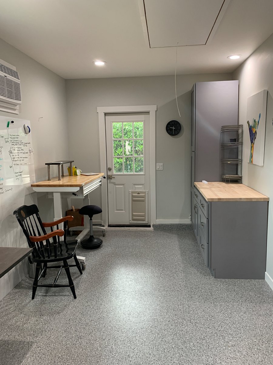 Garage work area with dog door to back yard