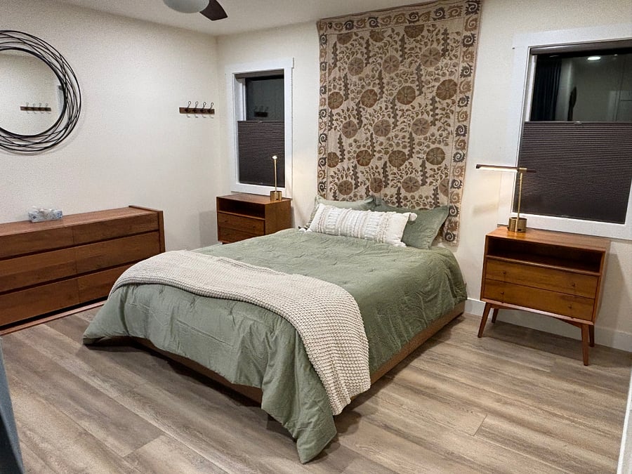 Master Queen Organic Materials Bed and linens, great storage in walnut side tables and dresser. Side tables have power for chargers built in.