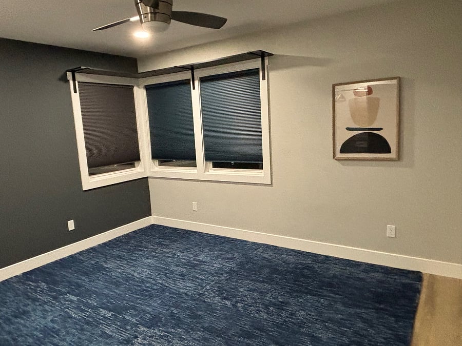 2nd bedroom 14 x 12 ft. We can furnish with double bed + single and desk. Closet has drawers for clothes. Current renter wanted to bring in own furnishings for young child. We have two full beds, desk, chair, single bed and end table to re-furnish room as requested.