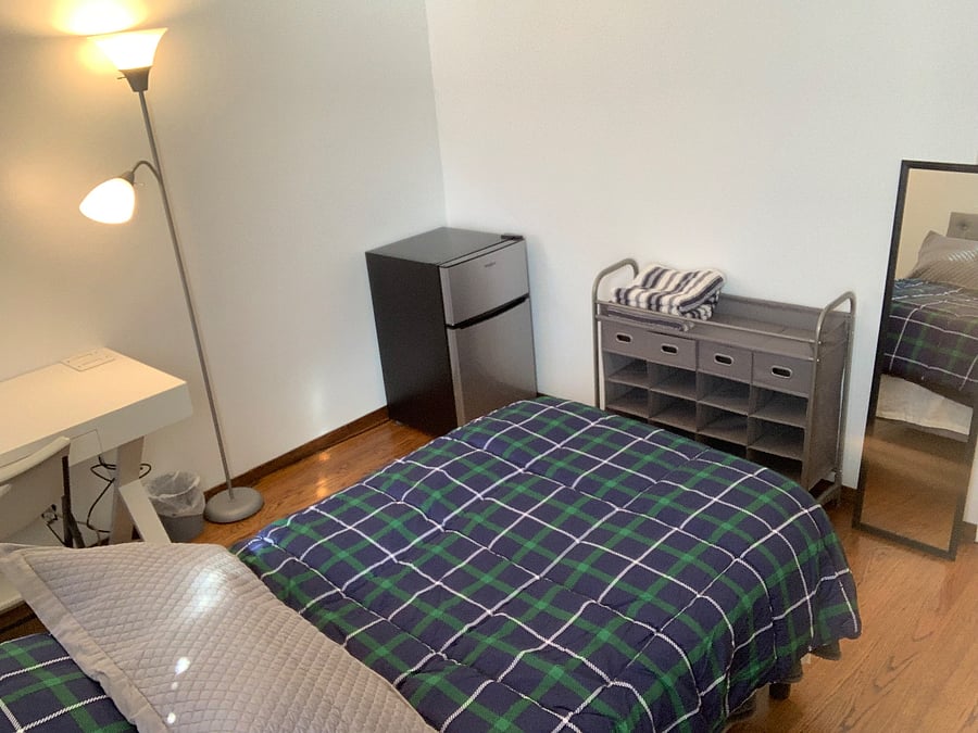 Another bedroom layout of single bed with closet, refrigerator, desk, c hair, lamps, shoe rack