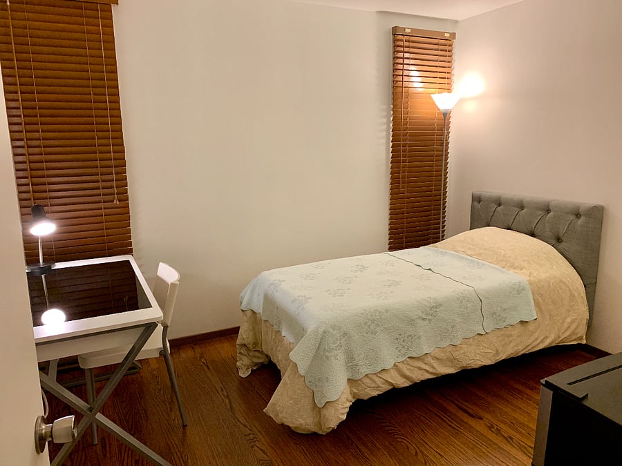 Another bedroom layout of single bed with closet, refrigerator, desk, c hair, lamps, shoe rack