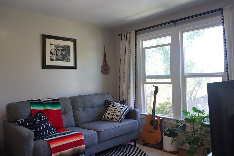 cozy living room with south-east facing windows