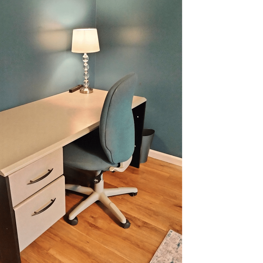 Workspace, chair, lamp, power cord