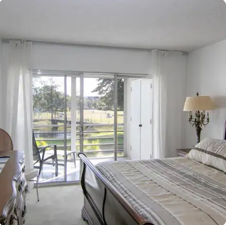 Master suite, 1 pic only at this time. Includes fresh new bedding, decorative pillows and curtains, comfortable chair & TV, designed to please. Full bath inc large shower.