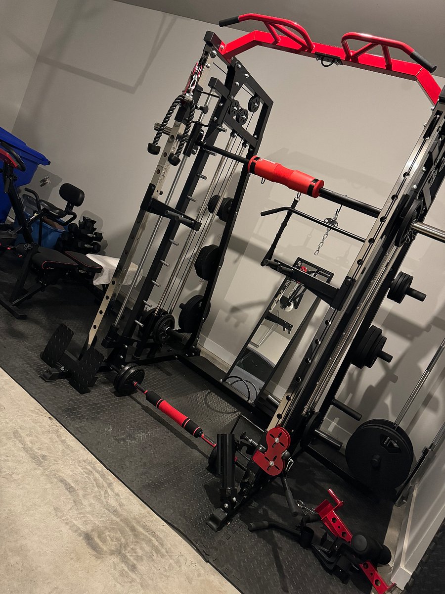 multi-functional gym equipment in garage