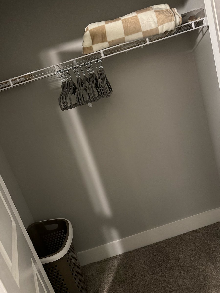spacious bedroom closet with hamper, clothes hangers, extra blanket