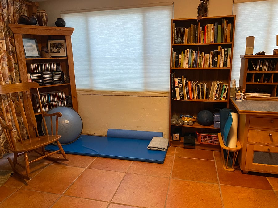 Den off living room - mat, weights, resistance bands, Bosu ball, exercise ball, yoga blocks