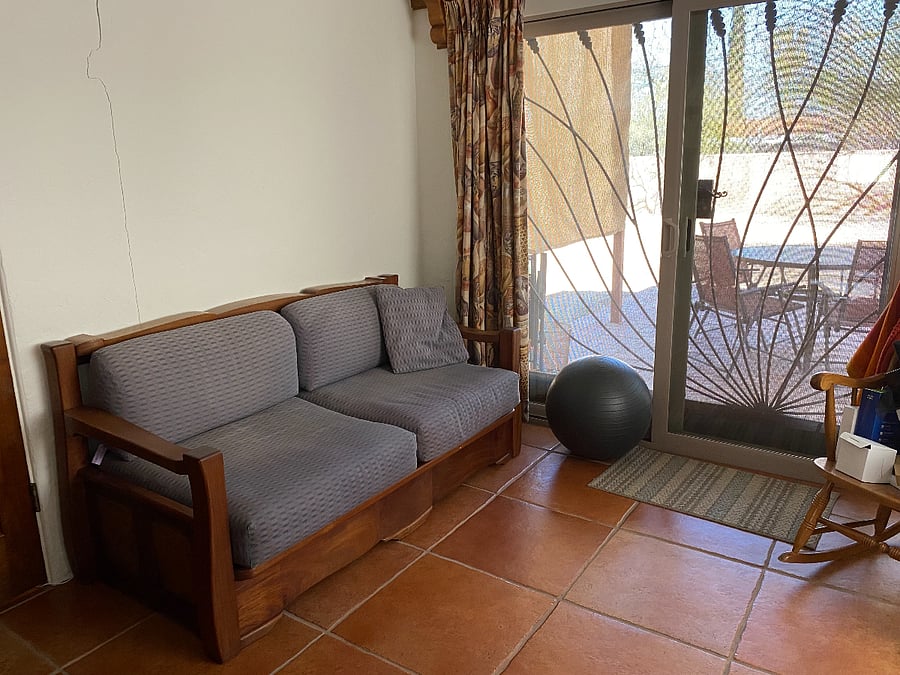 Couch in the den with security door leading to back patio.