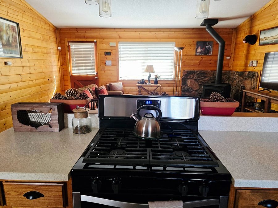 From the kitchen, enjoy a full view of our open-concept living room. Its the perfect spot for cooking, chatting, and enjoying good companyplus a little treat for your furry friend, because pets are family here! 
