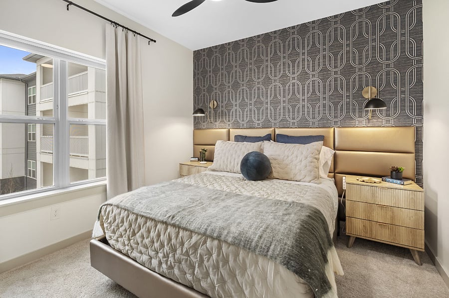 This stylish bedroom is where form and function coexist.