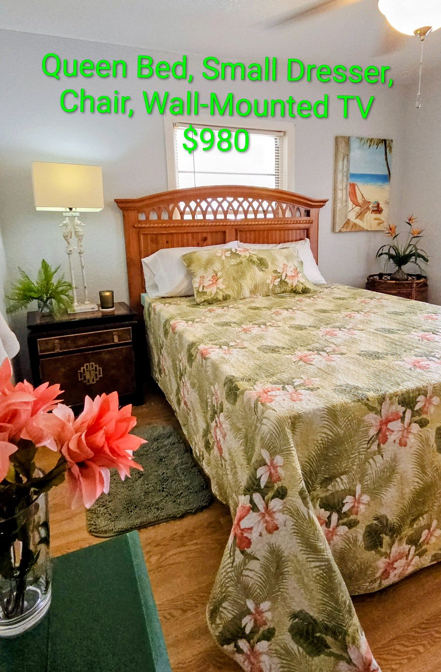May Special! $795! Queen bed, comfy mattress with 3 inch memory foam pillowtop, 45" wall-mounted Smart TV.  Additional furniture options include tall dresser, armoire, dressing table, desk, upon request.