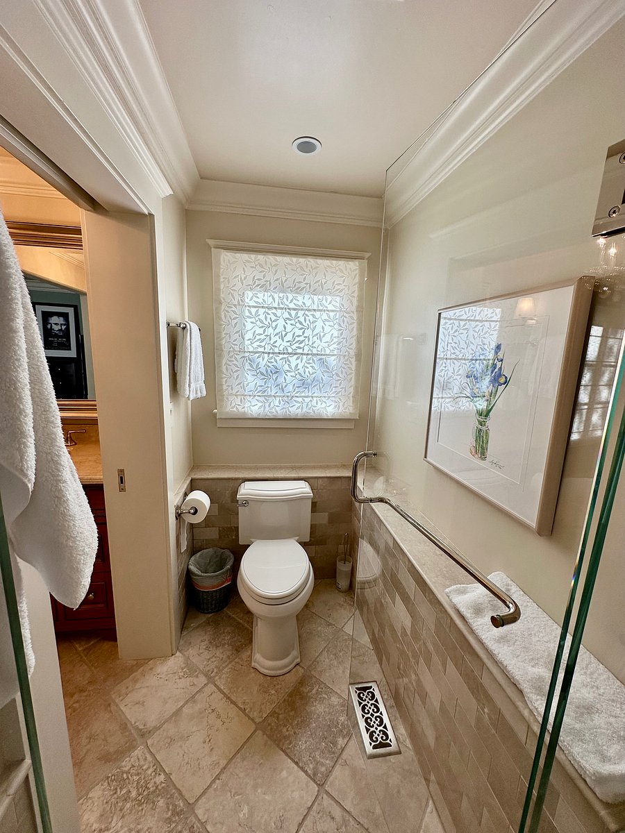 Bathroom with roman shades for filtered light.
