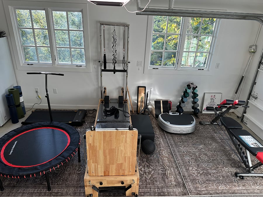 Powered walking treadmill, Leaps and Bounds rebounder, High-end Pilates reformer, slant board, Power Plate Move, free weights, weight bench. All new.