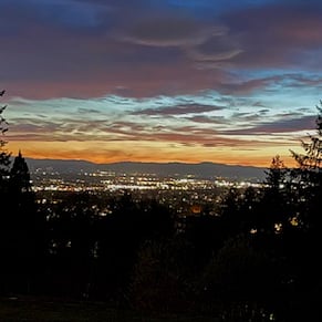 Spectacular sunsets over the coast range from bedrooms and back deck