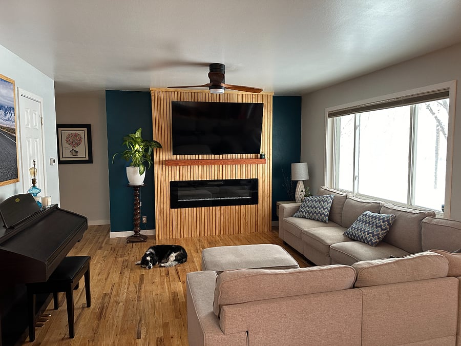 Living room with electric piano, electric fireplace, smart tv