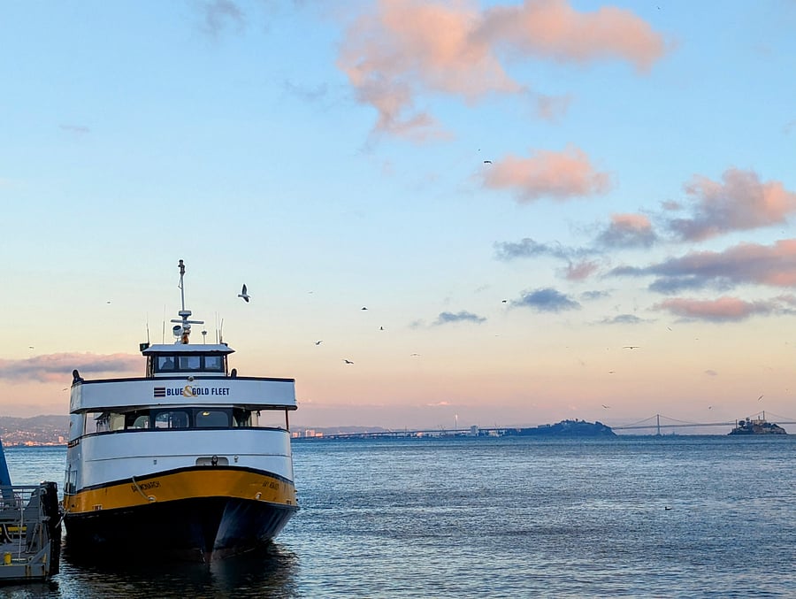 San Francisco ferry on Sausalito at Sunset