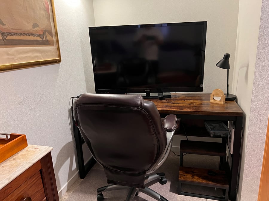 Desk and chair and Tv