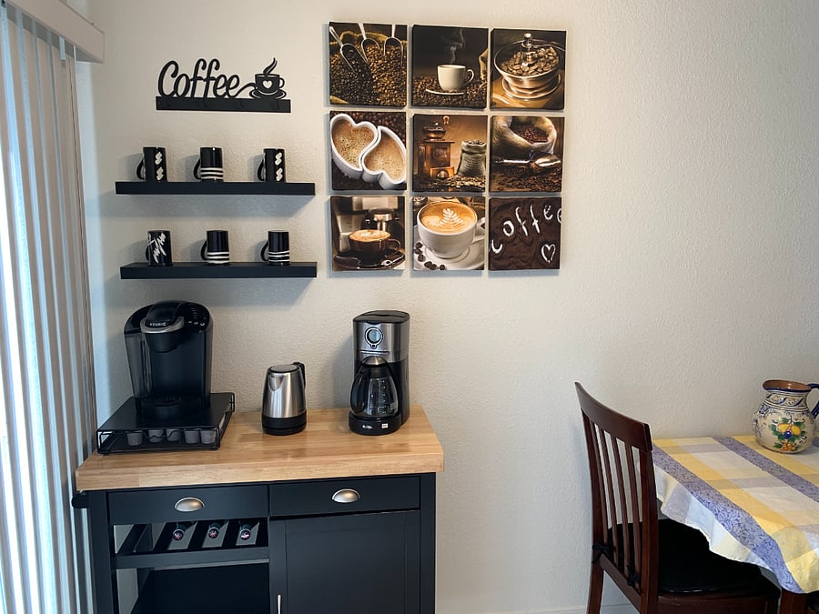 Coffee Bar with Keurig and Brewed Coffee and Tea