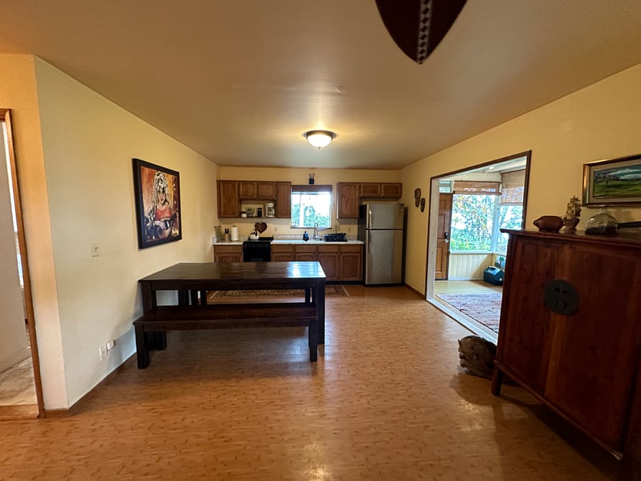 Open concept, kitchen and dining room.