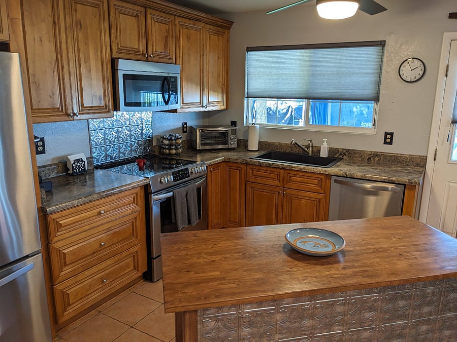 Fully stocked kitchen.