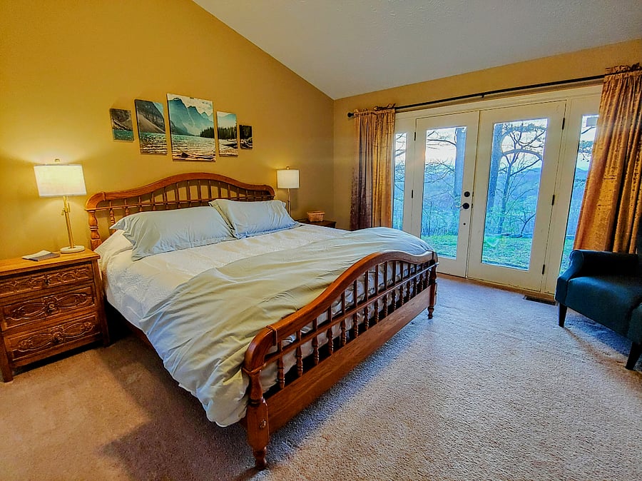 Master bedroom with king bed and French doors with a view