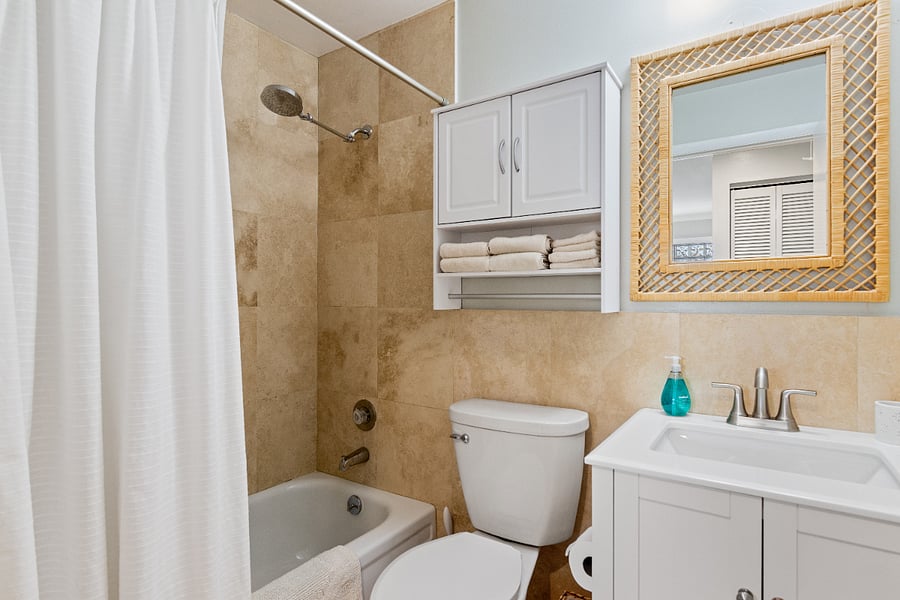 Bathroom off the hallway to bedrooms