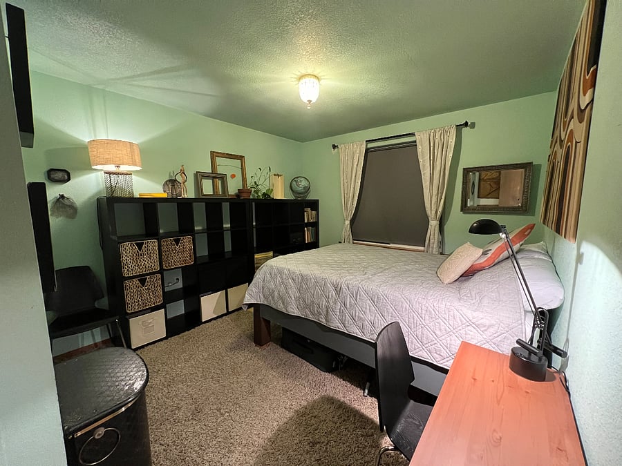 Enough room to do yoga in here. Cubbies, large closet, under bed storage. New Bedding
