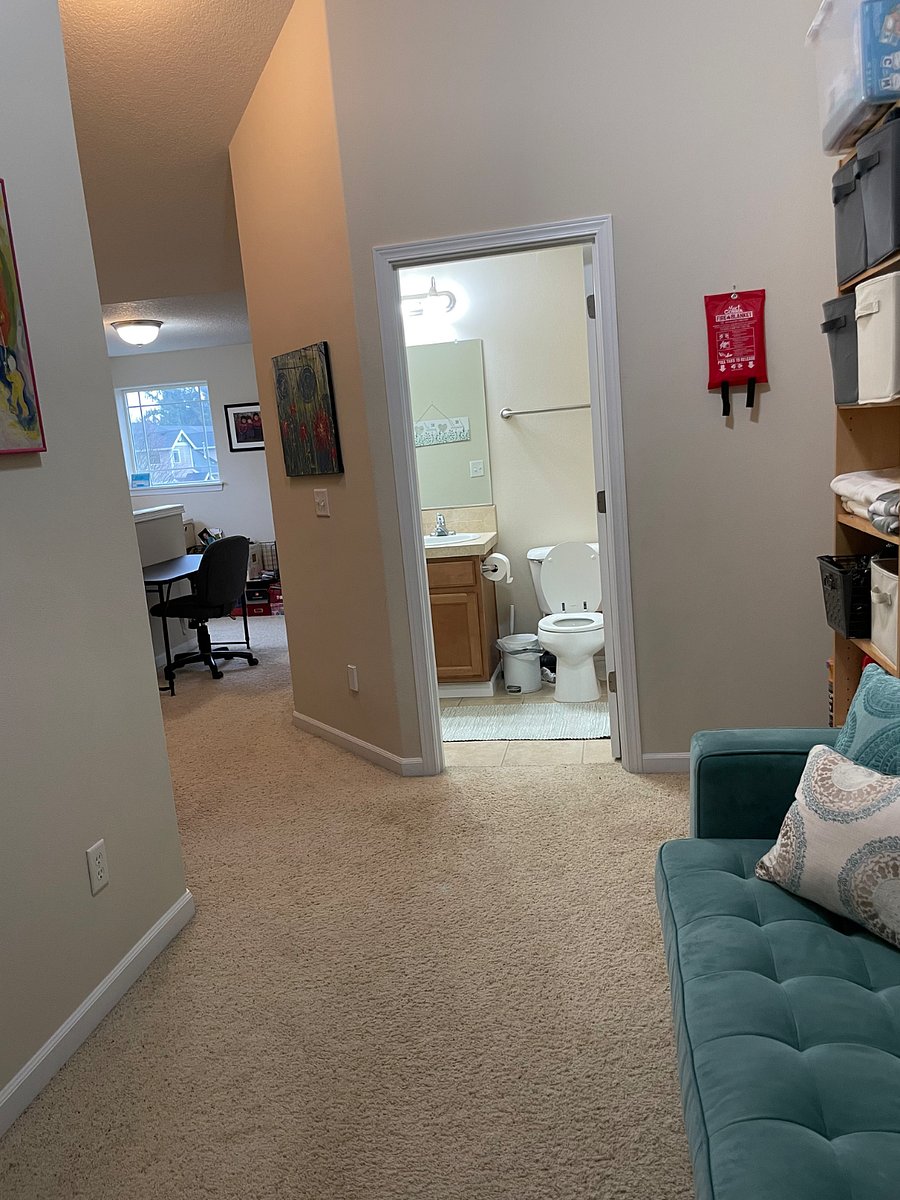 Sitting room, bathroom, view of landing at top of the stairs. 