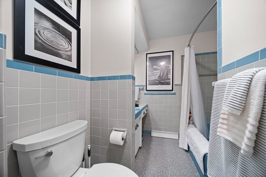 Main bathroom off hallway going to bedrooms, equip with tub/shower and safety rails
