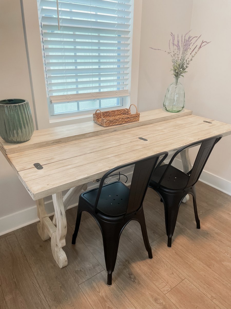 Dining space able to fold table up to save space. 
