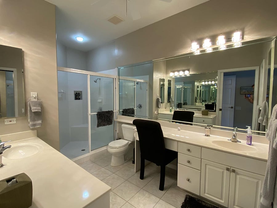 Large Primary Bathroom with double shower, double vanities and double sinks.