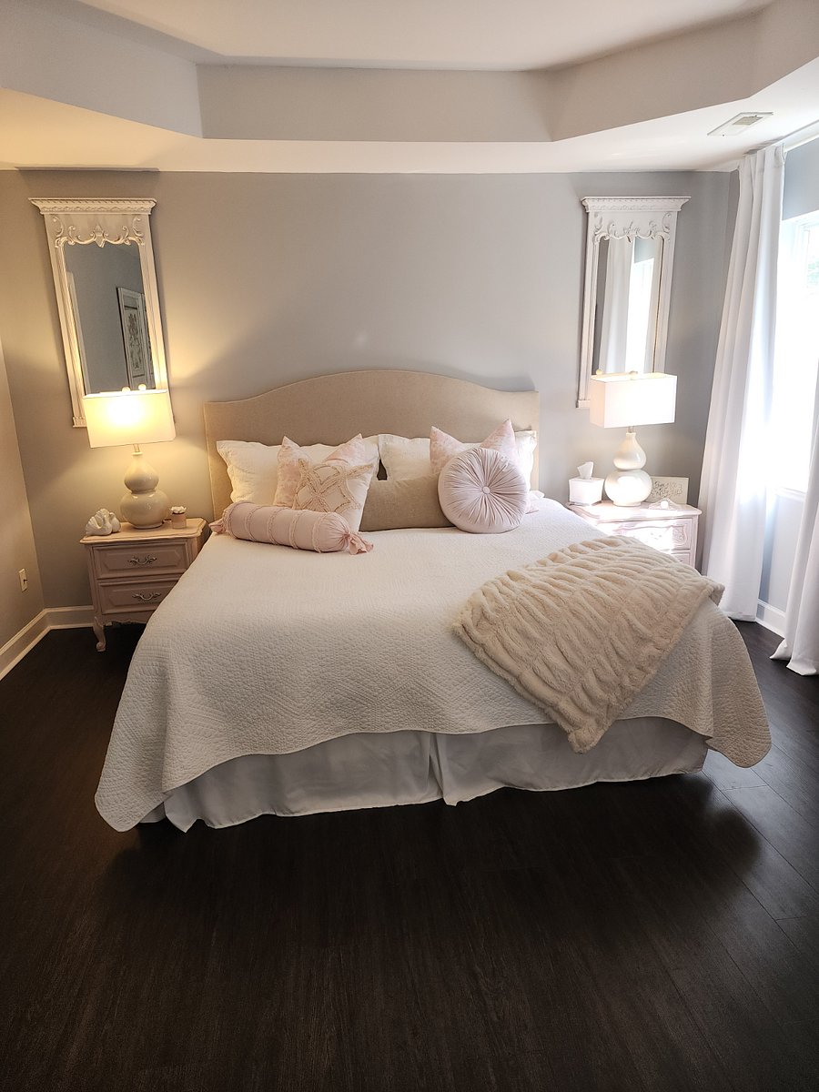Luxurious Master Bed with therapeautic mattress; great soft supple bedding and pillows.  There are also blackout curtains for those mornings you don't want to be bothered!!!!