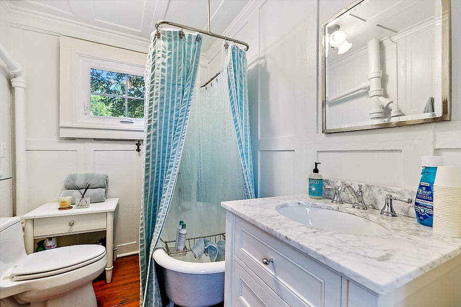 Classic clawfoot tub and shower with Aveda Shampure shampoo and conditioner, Dr. Teal's body wash, soft towels, tissues, air freshener, blow dryer, First Aid kit, and marble vanity with mirror and sink
