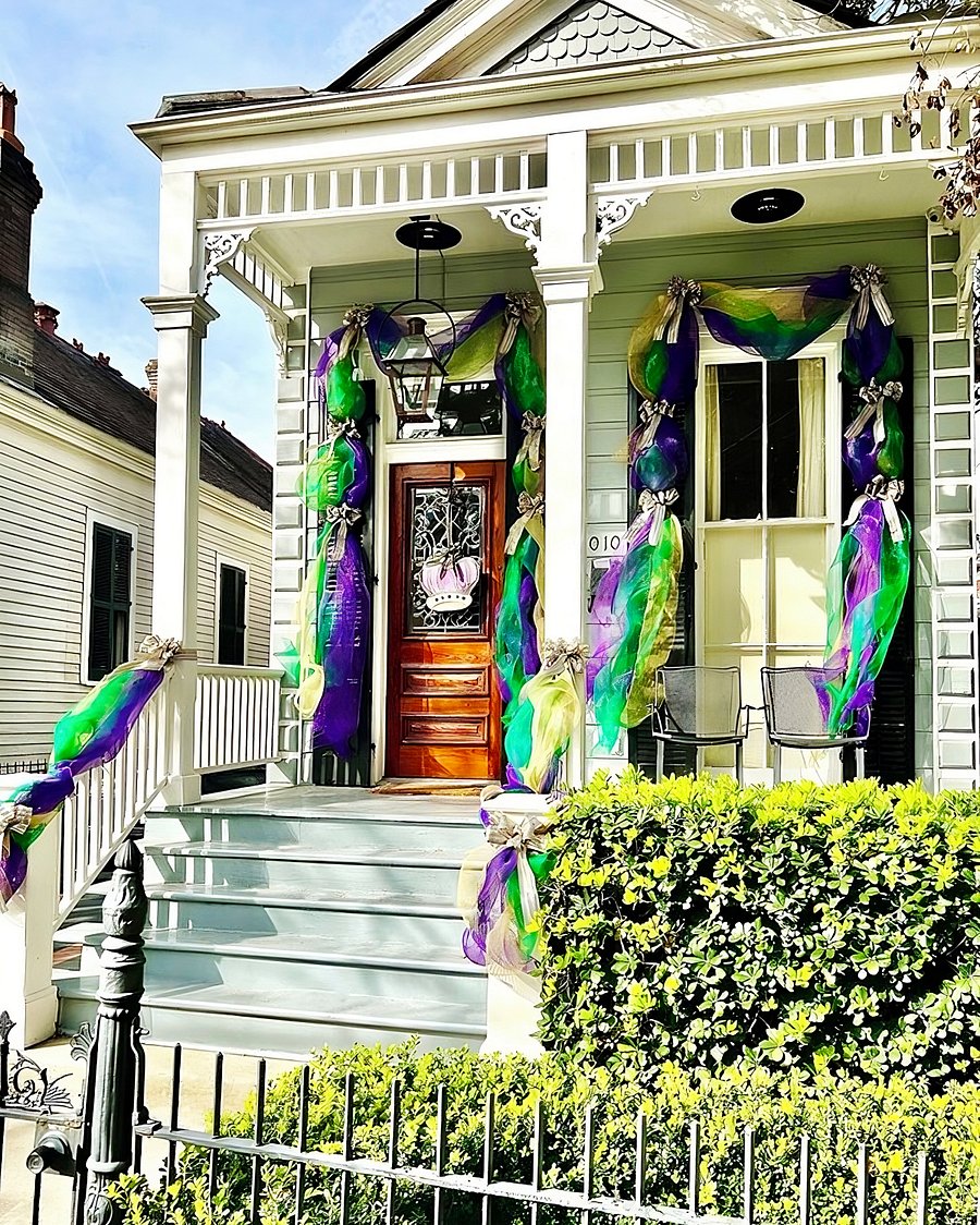 Decorated for the Mardi Gras season, just steps from the Mardi Gras parade route