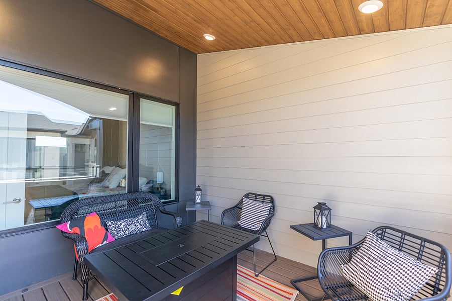 Gas fireplace on 3rd floor covered deckEntry