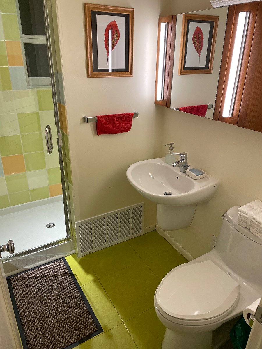 Lighted mirrors, wall storage cabinetry, heated towel racks and modern sink, low-volume toilet.