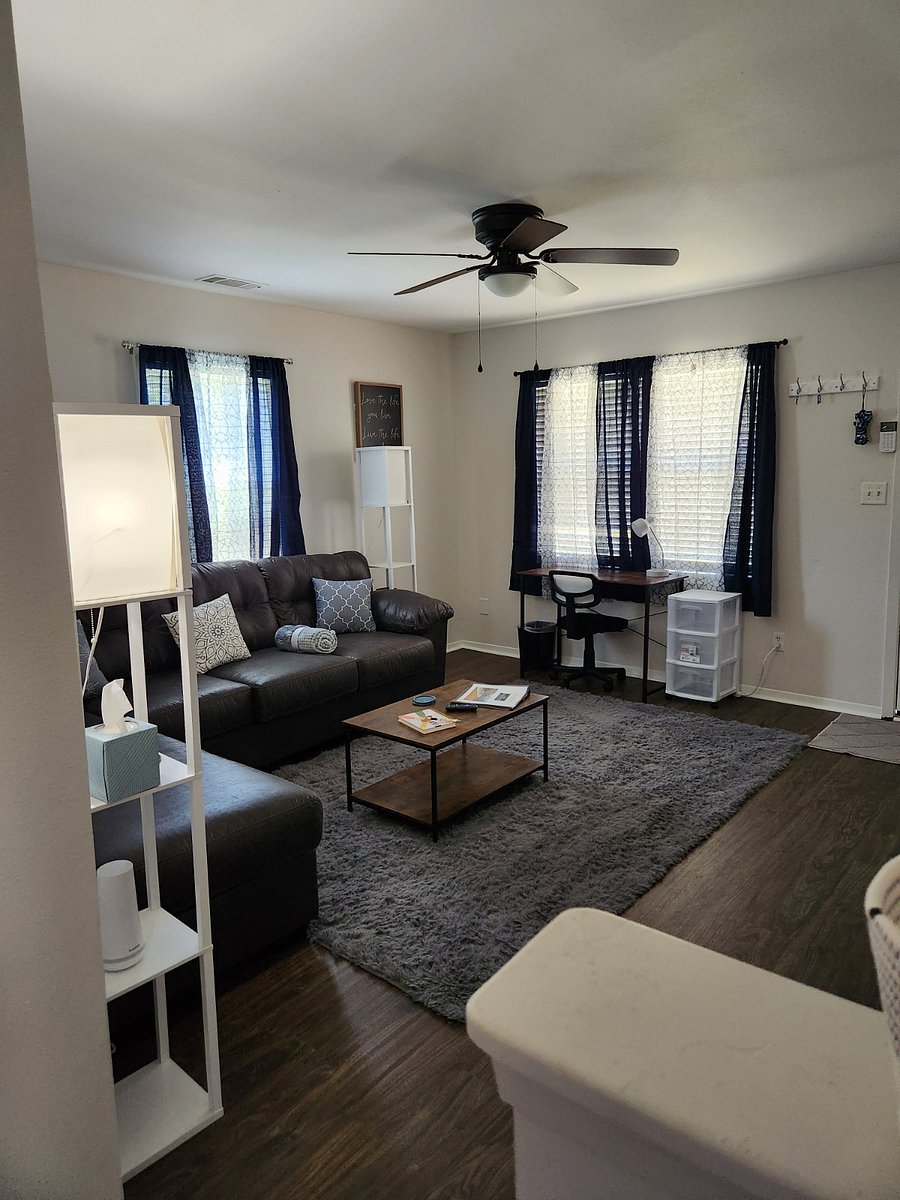 Comfy couch can seat 6. Lush throw blankets & pillows for a comfortable place 1 or many people can enjoy. 55" smart tv included.
