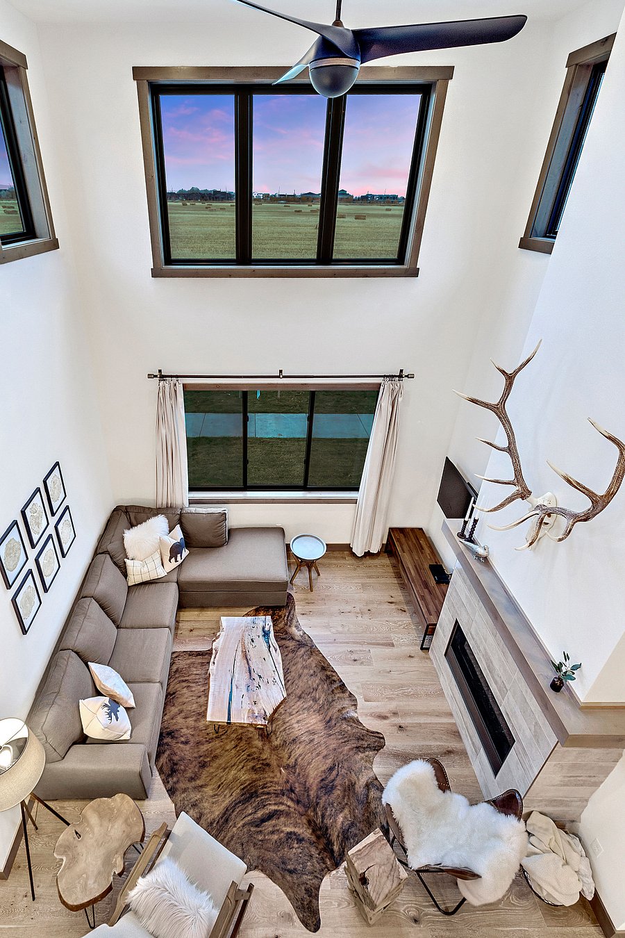 View of the main living area from the upstairs balcony.
