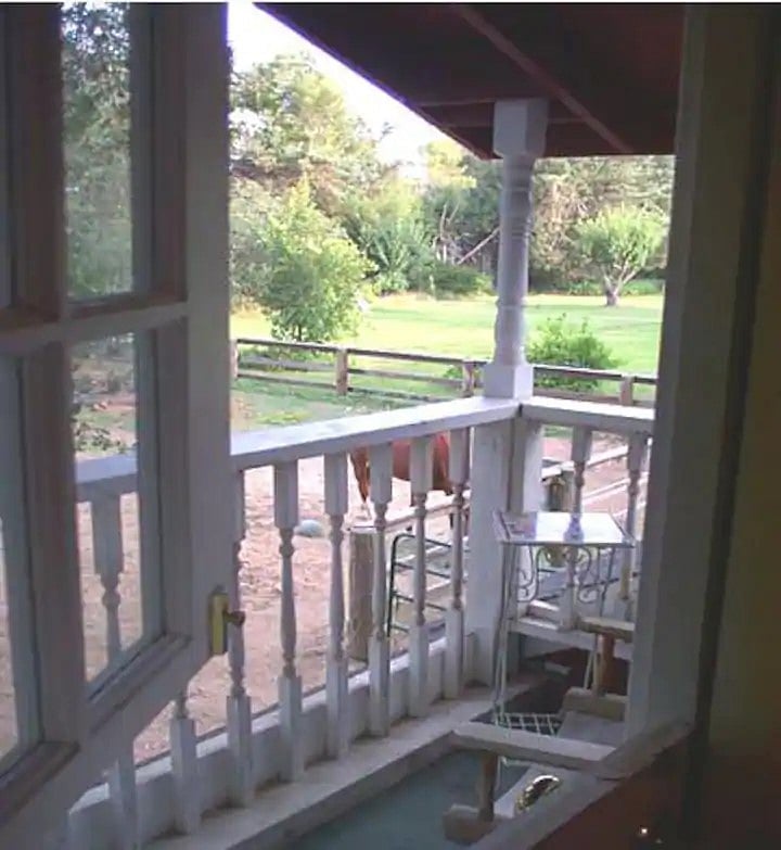 View from loft porch through Dutch door. 2 folding chairs & small table for porch.
This is a non-smoking/vaping property & unit.
"My favorite is morning coffee on the porch overlooking the horses."
"Every evening I sang to the horses."