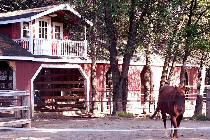 Closer View of porch balcony & pasture with horses in your backyard