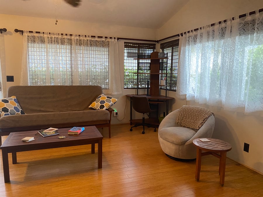 Living room with corner desk for working.
