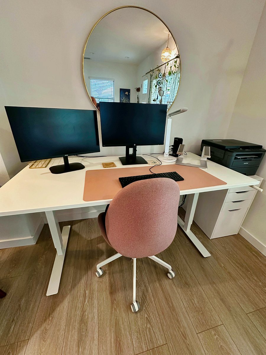 Work station w/ adjustable height desk, two monitors and printer