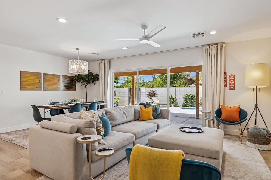 Kitchen, Dining Area and Back Living Room With a 12-Foot, Sliding Glass Door