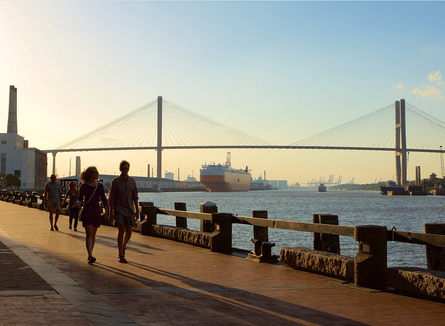 Walking by the river at sunset in downtown Savannah is one of our favorite things!  