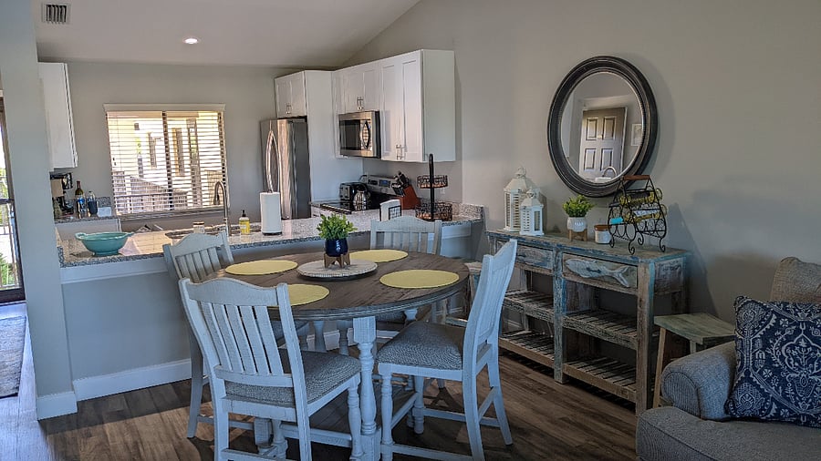 Open floor plan allows for beautiful views of the lake from the kitchen.