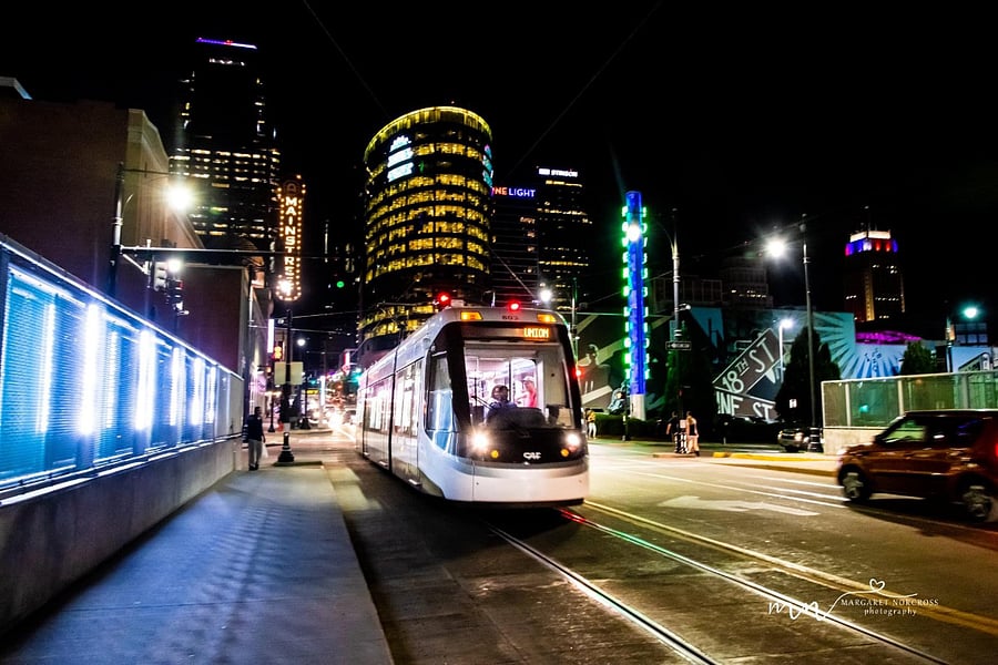 Nearby streetcar through downtown:
